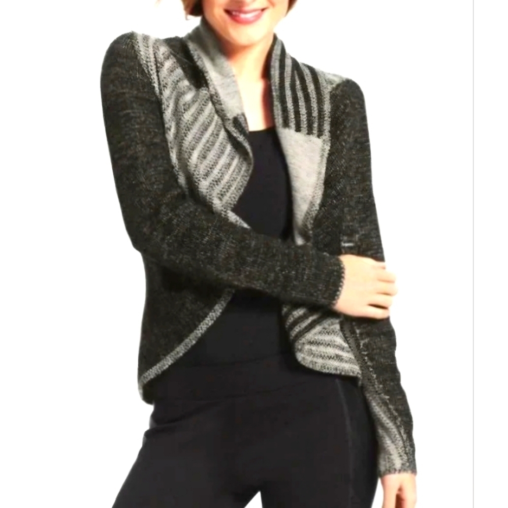 CAbi Women's Black/Gray Patchwork Circle Wool Blend Cardigan Sweater Size Medium